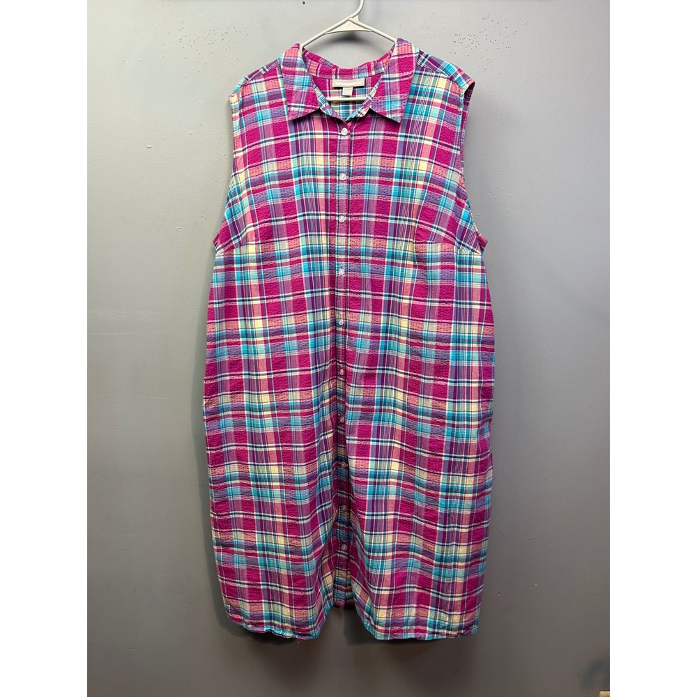Woman Within Shirt Dress Women 30W Pink Plaid Seersucker Sleeveless Button Front